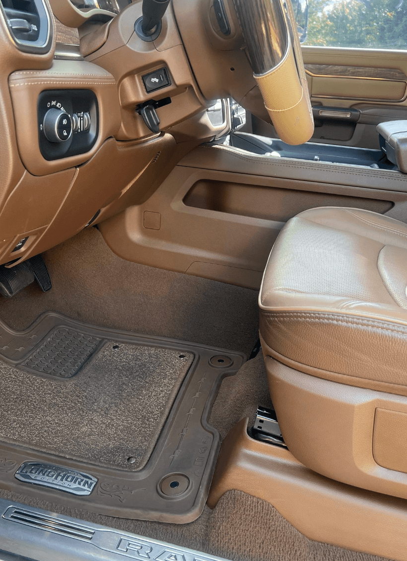 Ram 3500 tan leather interior after professional detailing